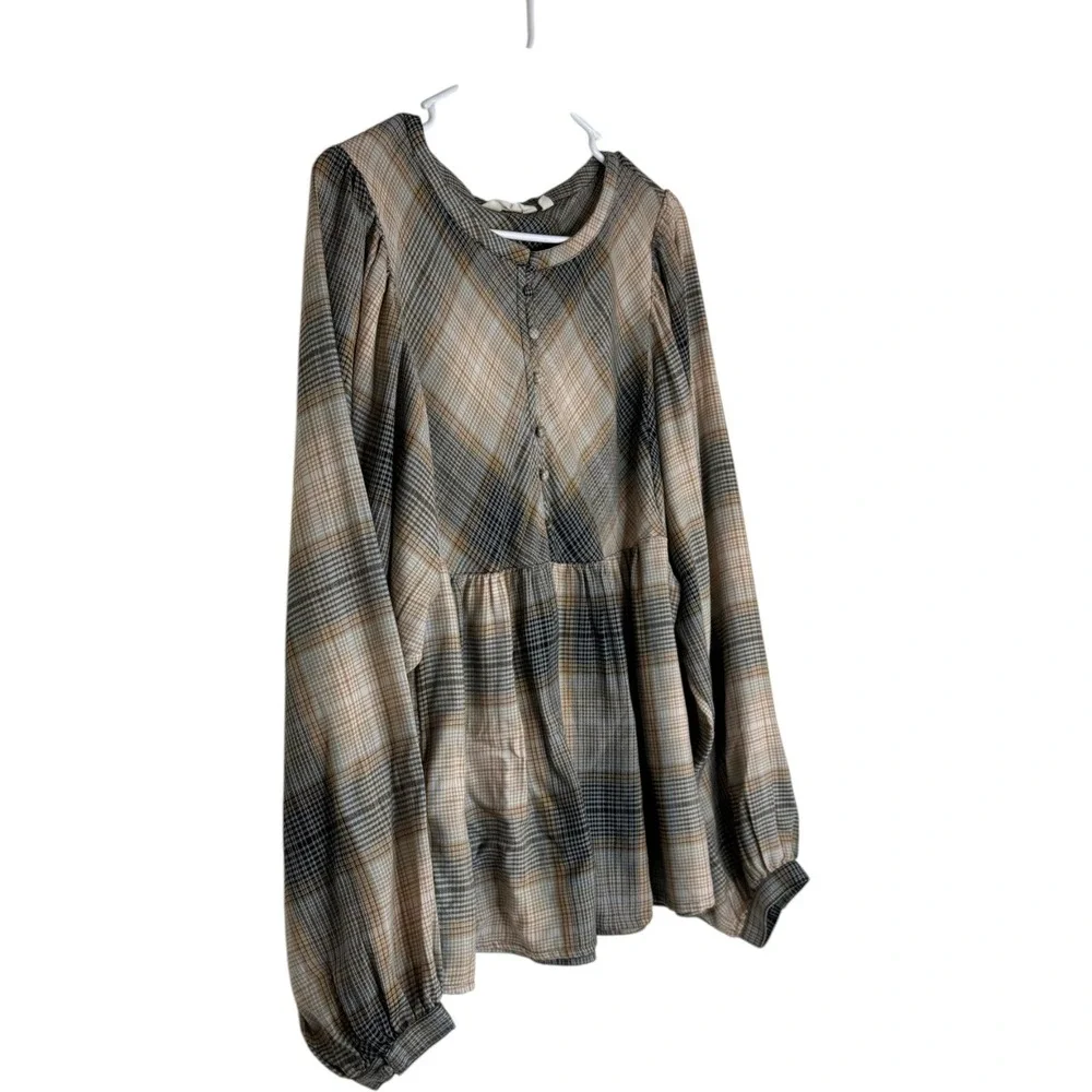 Me by Jennie Garth Drapey Flannel Blouse Womens Medium Brown Black Plaid A664756